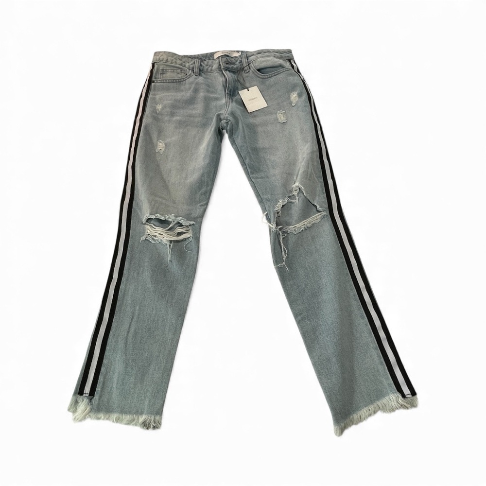HIDDEN NWT Distressed Light Wash Denim Jeans Side‎ Stripe Ripped Raw Hem Size 28